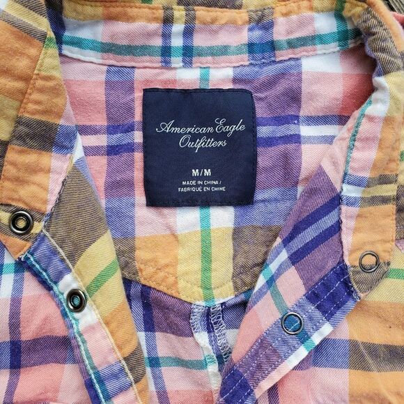 American Eagle Colorful Plaid Button-down Shirt Women's Size Medium 90% Cotton - Picture 4 of 5